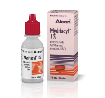 Alcon Mydriacyl 1% tropicamide ophthalmic solution bottle with product box