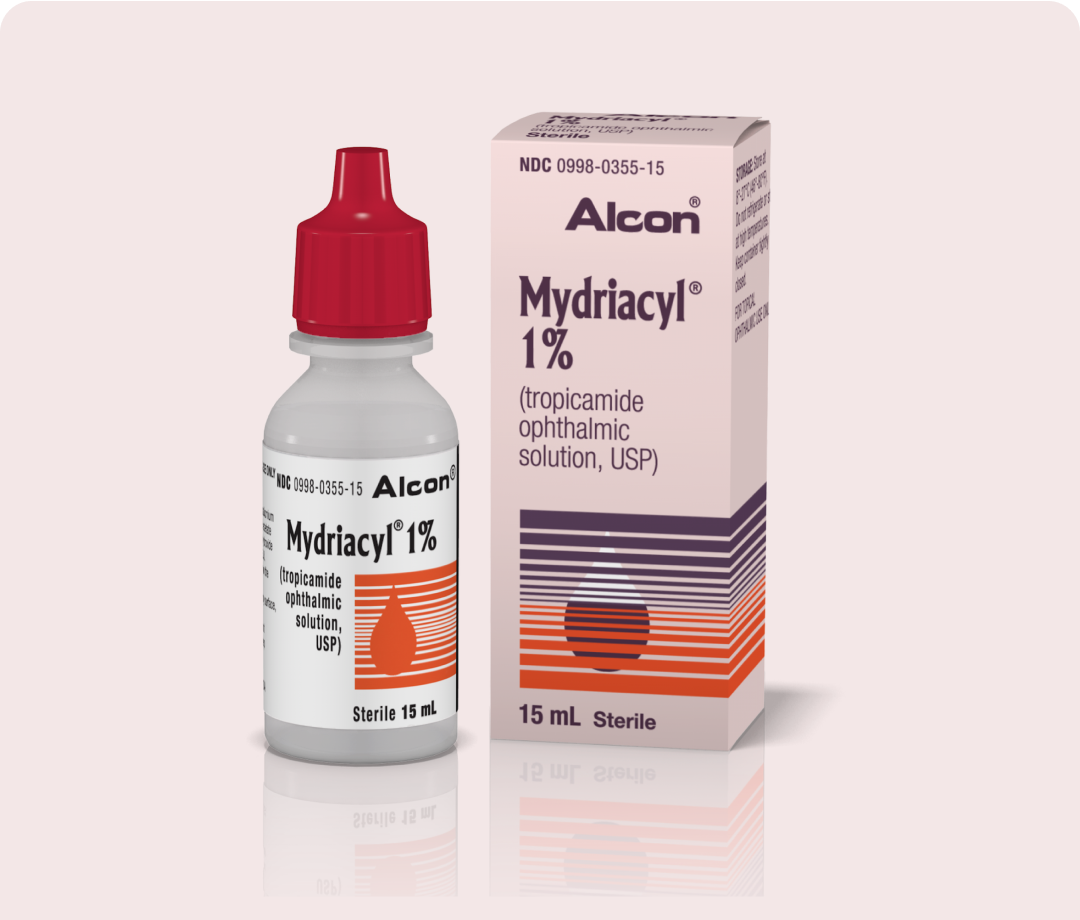 Alcon Mydriacyl 1% tropicamide ophthalmic solution bottle with product box