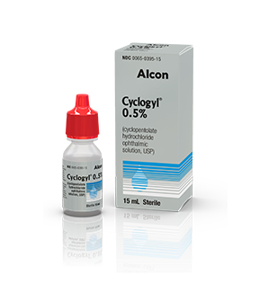 Alcon Cyclogyl 0.5% cyclopentolate hydrochloride ophthalmic solution bottle with product box