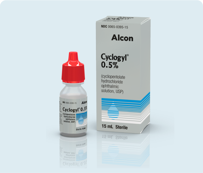Alcon Cyclogyl 0.5% cyclopentolate hydrochloride ophthalmic solution bottle with product box