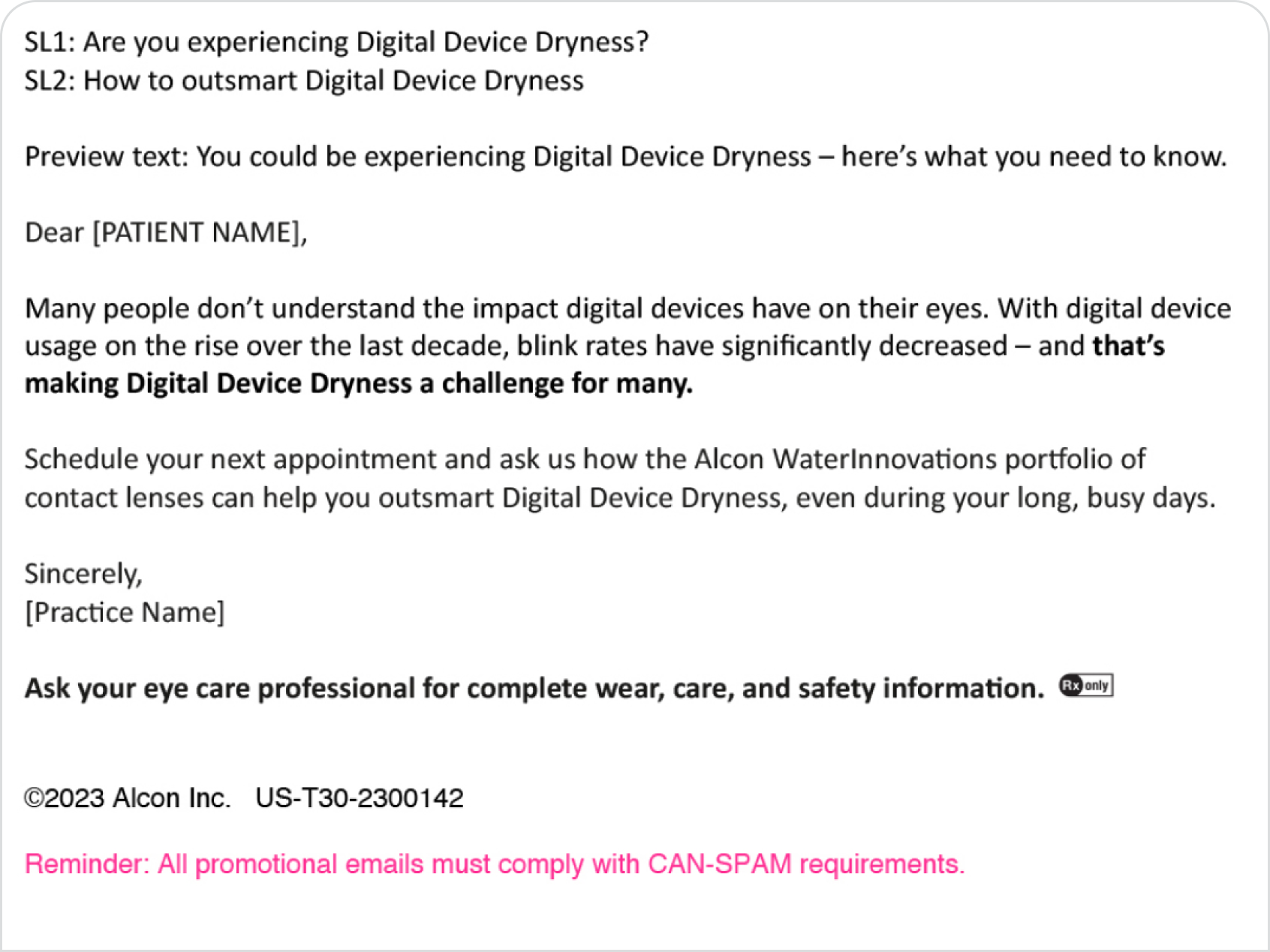 Email template describing digital device dryness, its impact on eye comfort, and guidance to ask an eye care professional about Alcon WaterInnovations contact lenses, including safety information and CAN-SPAM compliance reminders