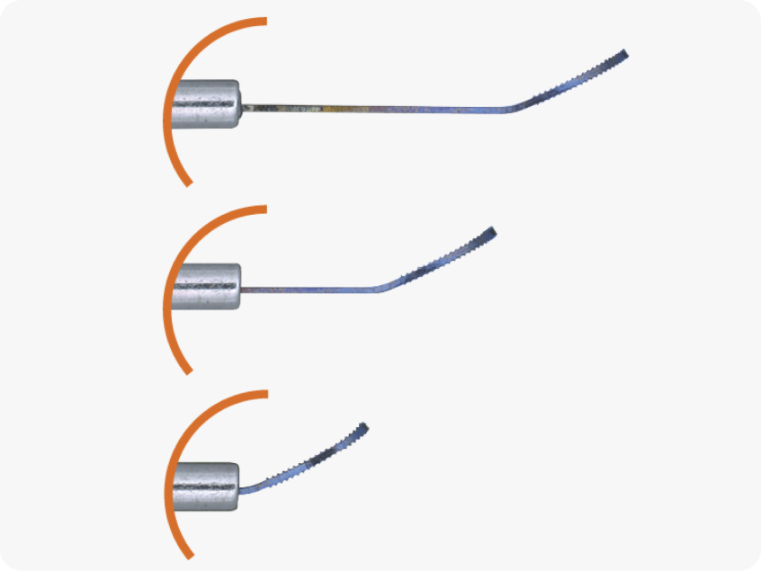 Three illustrations of the FINESSE Flex Loop showing its adjustable, retractable tip in varying extended positions to demonstrate changes in loop stiffness and control