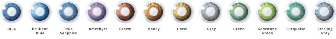 Air Optix Colors contact lens color comparison: Blue, Brilliant Blue, True Sapphire, Amethyst, Brown, Honey, Hazel, Gray, Green, Gemstone Green, Turquoise, Sterling Gray.