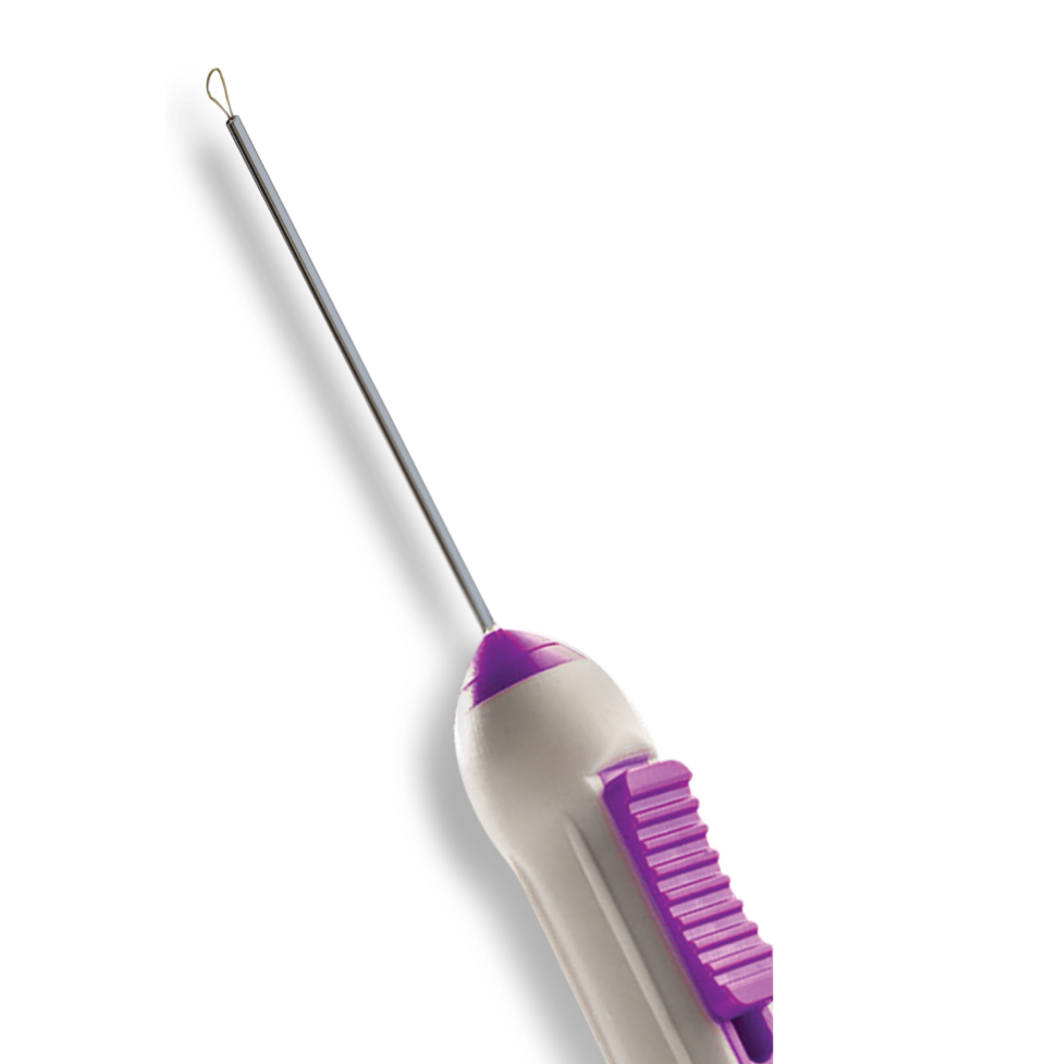 Close-up image of a surgical finesse flex loop instrument with a thin metal shaft and looped tip