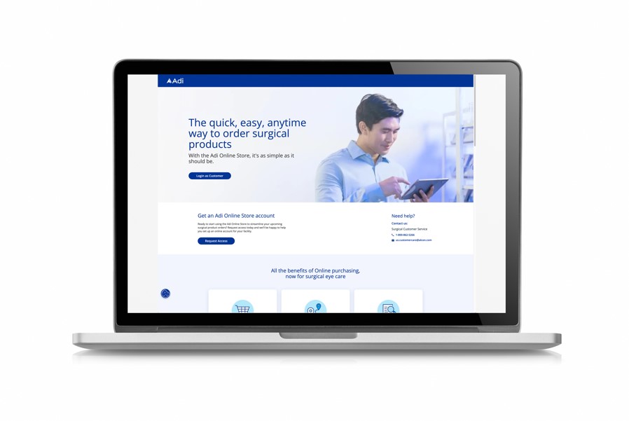 Laptop displaying the Adi Online Store webpage interface for ordering surgical products