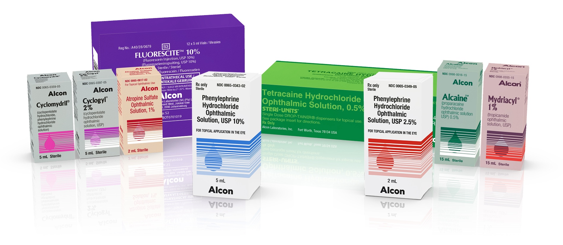 Alcon ophthalmic products including Cyclomydril, Cyclogyl, Atropine Sulfate, Phenylephrine Hydrochloride, Tetracaine Hydrochloride, Alcaine, and Mydriacyl eye‑care medications.