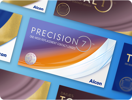 A collection of Alcon contact lens packaging, including Precision7, Total30 and Dailies Total1