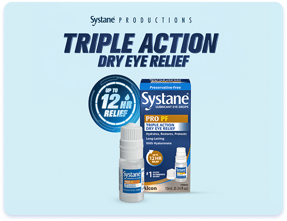 Ad for Systane® eye drops featuring “Triple Action Dry Eye Relief,” with product box and bottle shown alongside a badge noting “up to 12 HR relief” on a light blue background.