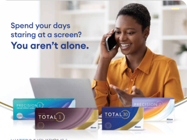 Person working at a laptop with Alcon PRECISION1, TOTAL1, TOTAL30, and PRECISION1 for Astigmatism contact lens boxes in the foreground alongside the message “Spend your days staring at a screen? You aren’t alone.”