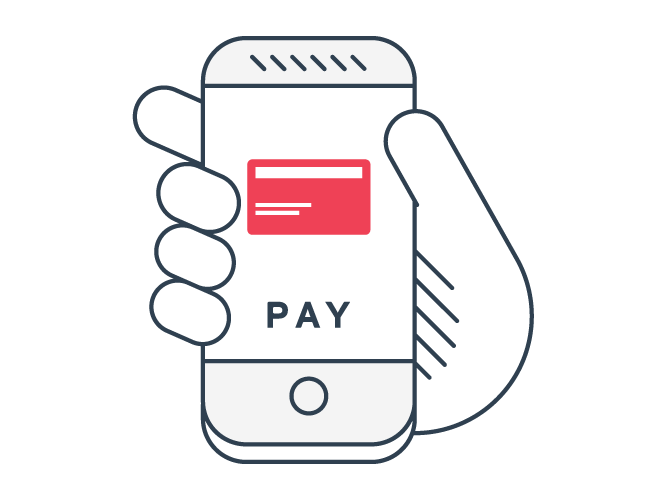 Illustration of a hand holding a smartphone displaying a red credit card icon and the word ‘PAY.'