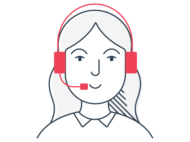 Illustration of a person wearing a headset, shown from the shoulders up, with simple line‑art styling and red headphone accents.