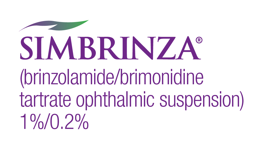 Logo displaying the word ‘SIMBRINZA’ in purple capital letters, with a stylized green and purple swoosh above the first letters. Beneath the logo is the text ‘(brinzolamide/brimonidine tartrate ophthalmic suspension) 1%/0.2%.