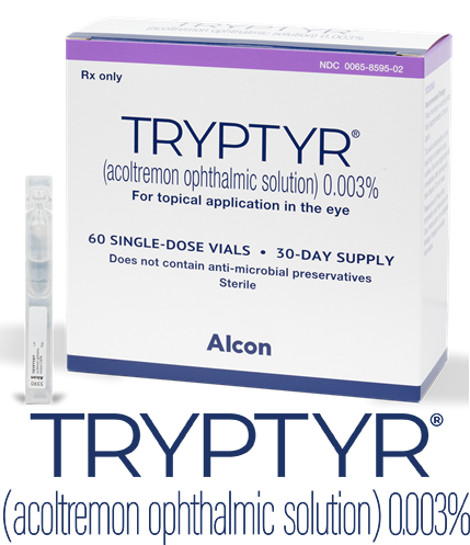 Image of a TRYPTYR carton and a single-dose vial. The carton displays the name TRYPTYR (acoltremon ophthalmic solution) 0.003%, labeled for topical use in the eye. The packaging notes a 60 single‑dose vial, 30‑day supply, sterile, and preservative-free product. The Alcon logo appears at the bottom.