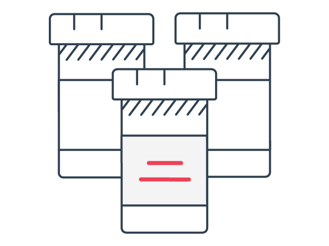 Illustration of three prescription pill bottles, with one bottle in front of two others and a white label with red lines.