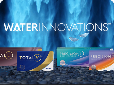 Alcon TOTAL1, TOTAL30, PRECISION1, and PRECISION1 for Astigmatism contact lens boxes displayed in front of a WaterInnovations background with blue flowing imagery