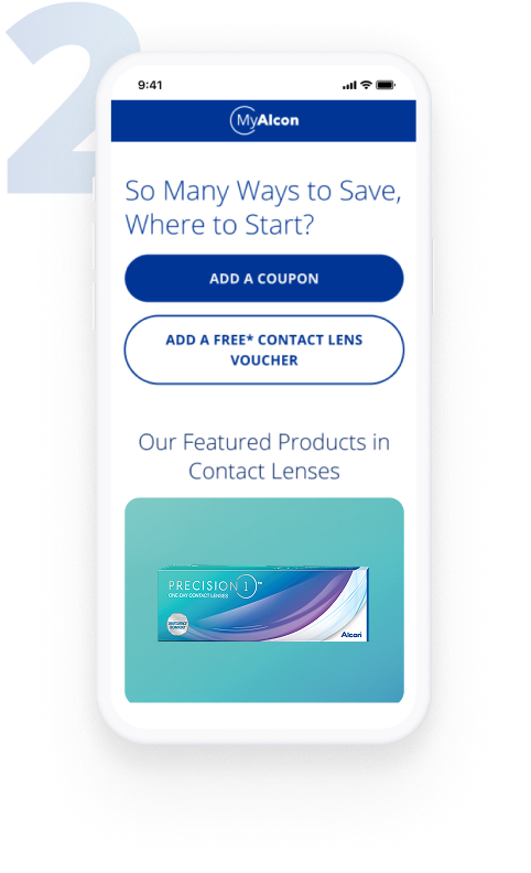 MyAlcon Offers mobile app screen displaying savings options for contact lenses, including coupon and free contact lens voucher features with a featured PRECISION1 product