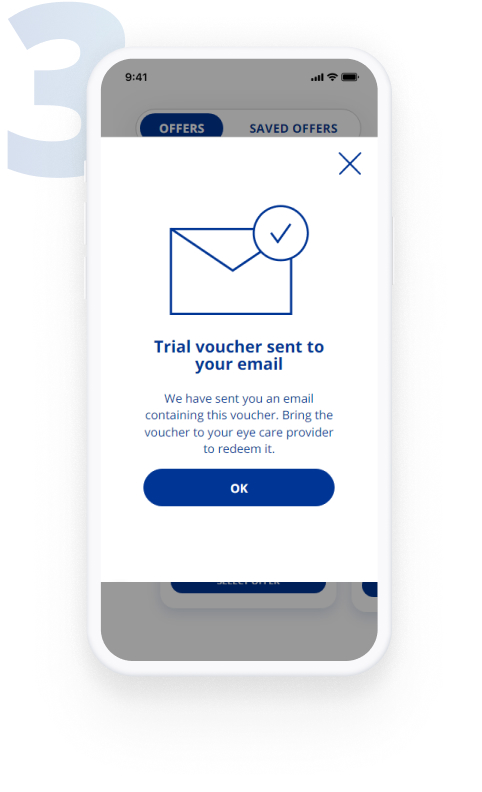MyAlcon mobile confirmation screen showing a trial contact lens voucher successfully sent by email for redemption with an eye care provider