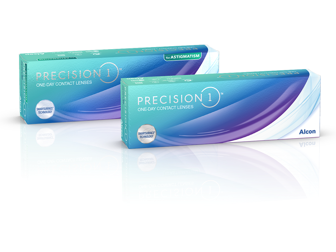 PRECISION1 one-day contact lens packaging by Alcon, including standard and astigmatism lens boxes displayed with reflective surface styling