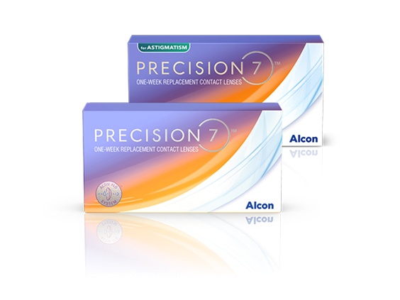 PRECISION7 one-week replacement contact lens packaging by Alcon, featuring standard and astigmatism lens boxes with weekly replacement branding