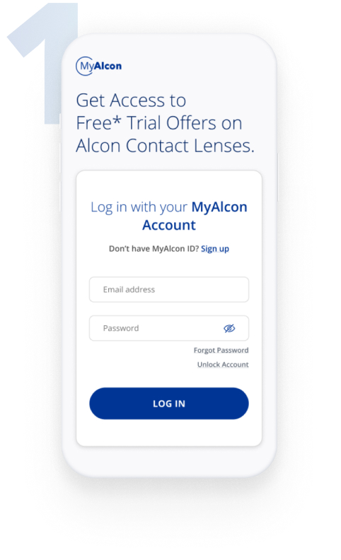 MyAlcon login screen showing access to free trial offers for Alcon contact lenses, including sign-in fields for a MyAlcon account