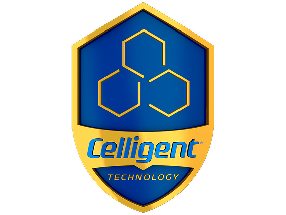 Blue and gold shield-shaped badge with hexagon design and the words “Celligent Technology.”