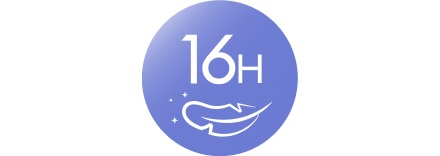 Feather and ‘16h’ icon inside a light purple circle