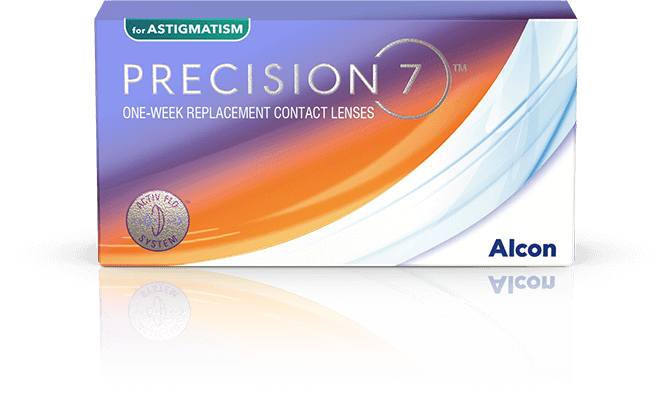 product box for Precision7 for Astigmatism one-week replacement contact lenses