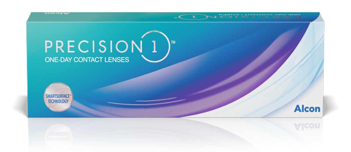 Box of PRECISION1 one-day contact lenses by Alcon, featuring SmartSurface Technology, with a blue and purple gradient design
