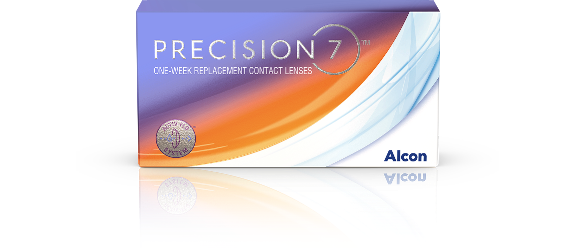 Box of PRECISION7 one-week replacement contact lenses by Alcon, featuring a vibrant orange and purple gradient design with a Precision Profile System seal.