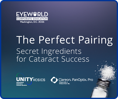 EyeWorld Corporate Education banner on cataract surgery success featuring Alcon Unity VCS and Clareon PanOptix Pro lenses