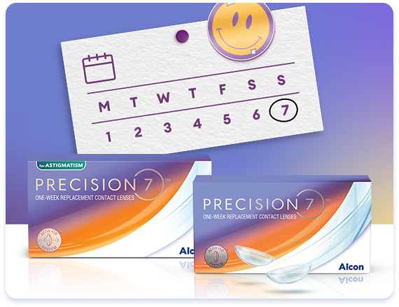 A box of Precision7 and Precision 7 for Astigmatism with a 7 Day weekly calendar behind them on the wall.