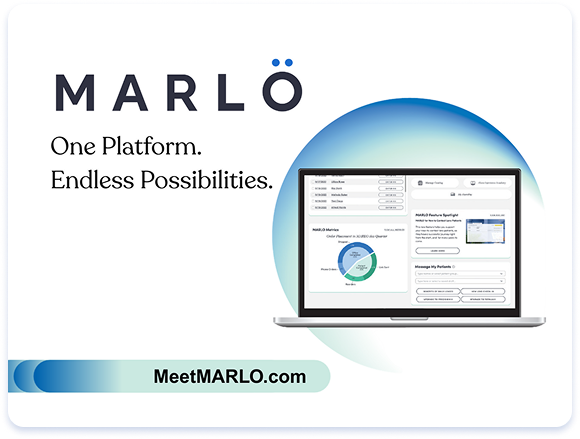 Promotional graphic for MARLO featuring the text “MARLO” and the tagline “One Platform. Endless Possibilities.” A laptop displaying an analytics dashboard sits inside a blue circular gradient on the right, and a call-to-action button at the bottom reads “MeetMARLO.com.”