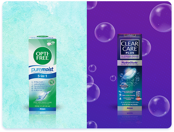 Side-by-side product image showing two contact lens solution boxes. On the left, a green and white Opti-Free Puremoist 5-in-1 solution box (Alcon) stands against a light aqua textured background. On the right, a blue Clear Care Plus HydraGlyde solution box (Alcon) appears against a purple background with floating bubbles.