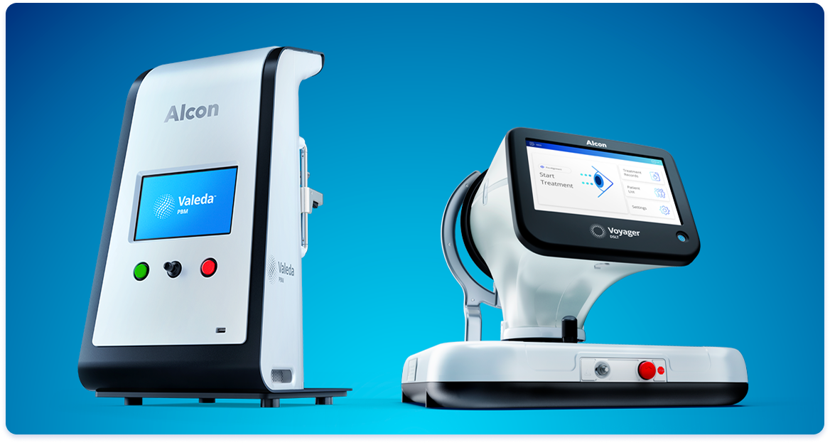 Two Alcon devices—the Valeda® light therapy system for dry AMD and the investigational Voyager™ DSLT laser for glaucoma—shown on a blue background.