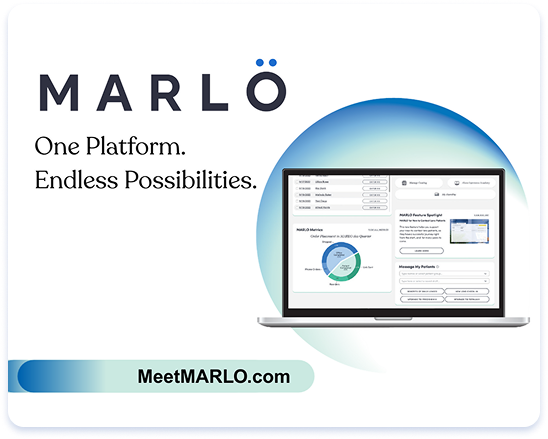 Laptop showing the MARLO platform interface, highlighting data dashboards and workflow tools for eye care professionals