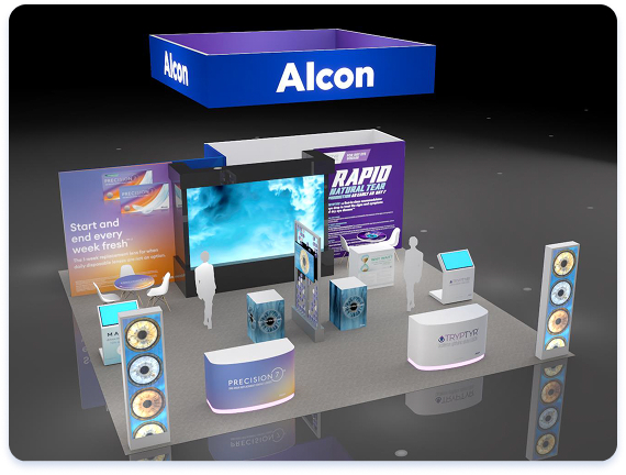Alcon exhibition booth layout featuring branded displays, product stations, and demo areas
