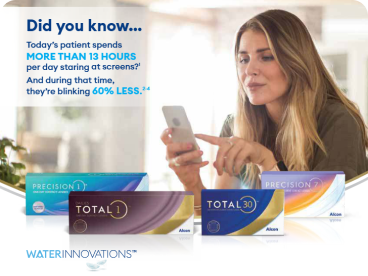 Infographic showing Alcon PRECISION1, TOTAL1, TOTAL30, and PRECISION1 for Astigmatism contact lens boxes with the message about patients spending more than 13 hours per day staring at screens and blinking 60% less