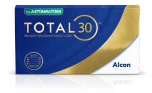 Box of TOTAL30 for Astigmatism one-month replacement contact lenses featuring Water Gradient technology and Alcon branding.