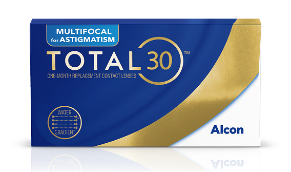 Product box for Total30 Multifocal for Astigmatism one-month replacement contact lenses in blue and gold packaging and Alcon logo.