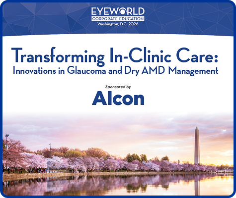 Promotional banner for Alcon-sponsored EyeWorld session on glaucoma and dry AMD care at ASCRS in Washington, DC