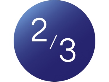White text reading ‘2/3’ inside a blue circle