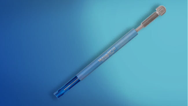 An image of the AcrySof IQ UltraSert Preloaded Delivery System. The device appears on a blue background.