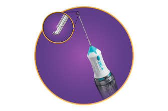A product shot of the 25+ Gauge Ultravit probe with a close-up of the probe tip.