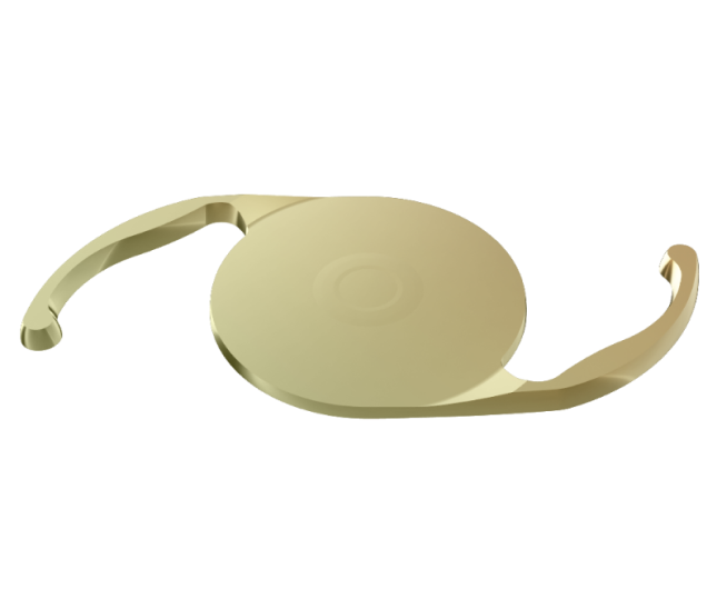 Golden 3-dimensional image of the Clareon Vivity IOL.