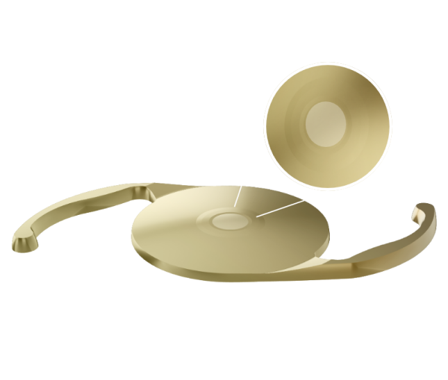 Golden 3-dimensional image of the Clareon Vivity IOL with white graphic lines that draw focus to the middle of the lens, highlighting the slightly elevated smooth plateau that contributes to the lens’s wavefront-shaping technology.