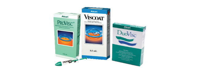 Product shots of Alcon’s Ophthalmic Viscosurgical Devices: DuoVisc, DisCoVisc, ProVisc, Viscoat, DuoVisc