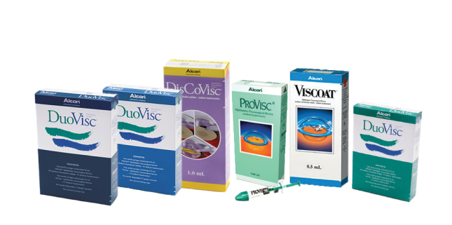 Product shots of Alcon’s Ophthalmic Viscosurgical Devices: ProVisc, Viscoat, DuoVisc.