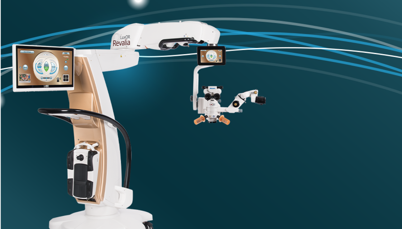 An image of the LuxOR Revalia Ophthalmic Microscope. The device appears on a teal background.