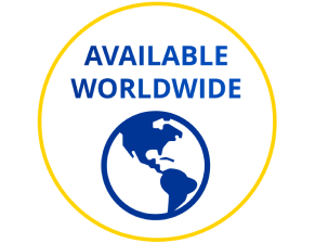 Earth icon with text "available worldwide" in yellow ring