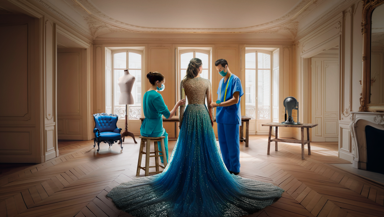 Two surgeons and a woman in a dress